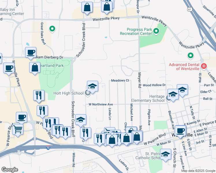 map of restaurants, bars, coffee shops, grocery stores, and more near 705a Linda Lane in Wentzville