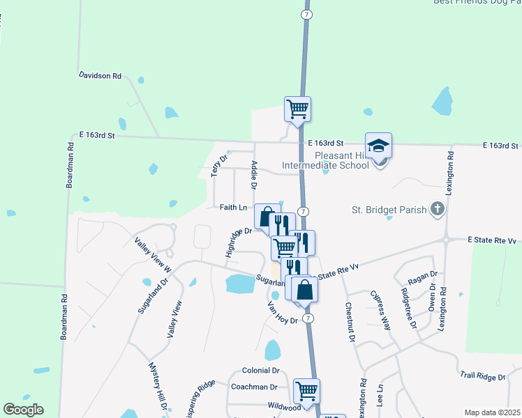 map of restaurants, bars, coffee shops, grocery stores, and more near 740 Faith Ln in Pleasant Hill