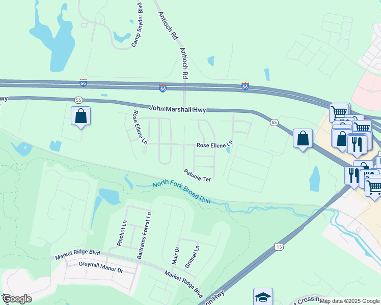map of restaurants, bars, coffee shops, grocery stores, and more near 6732 Azalea Garden Lane in Haymarket