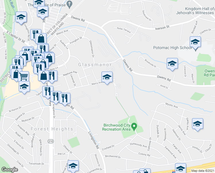 map of restaurants, bars, coffee shops, grocery stores, and more near 1011 Marcy Avenue in Oxon Hill