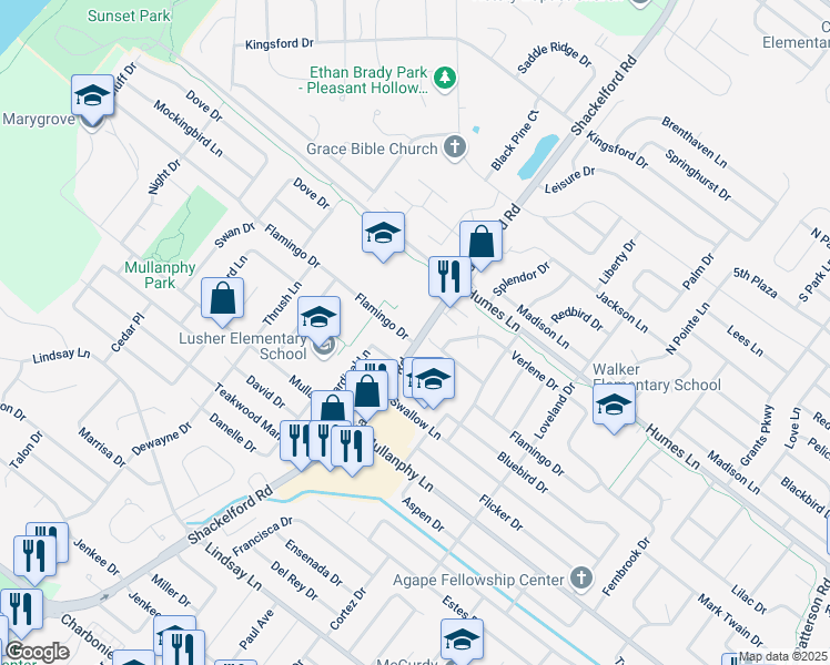 map of restaurants, bars, coffee shops, grocery stores, and more near 1505 Shackelford Road in Florissant