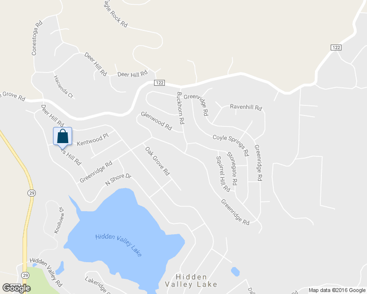 map of restaurants, bars, coffee shops, grocery stores, and more near 16801 Buckhorn Road in Hidden Valley Lake