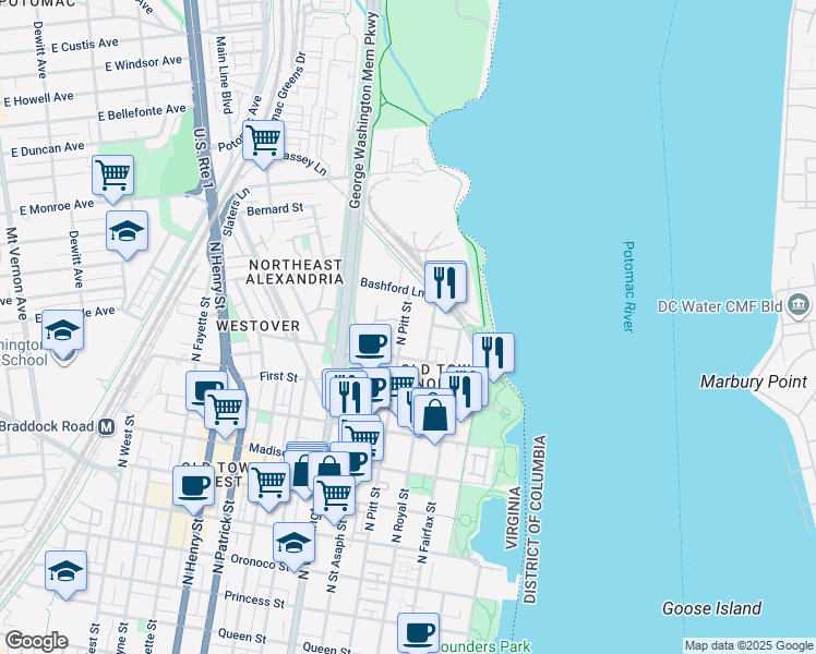 map of restaurants, bars, coffee shops, grocery stores, and more near 1211 North Pitt Street in Alexandria