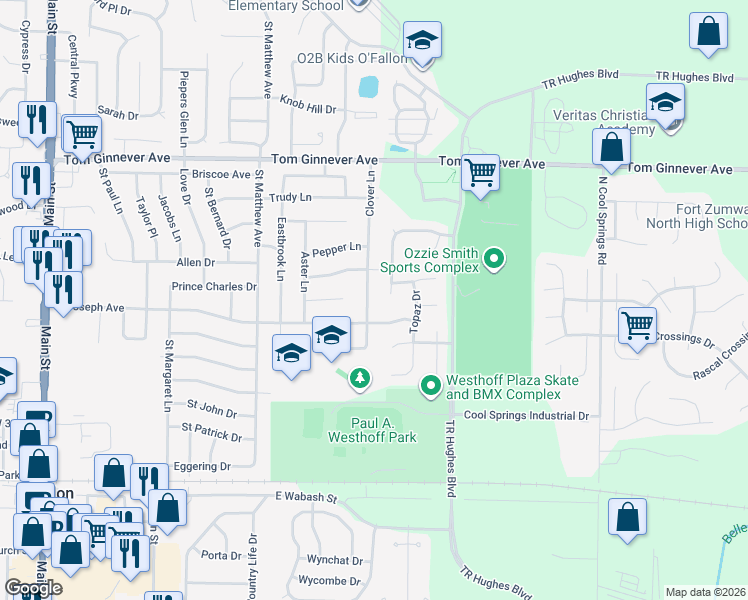map of restaurants, bars, coffee shops, grocery stores, and more near 608 Clover Lane in O'Fallon