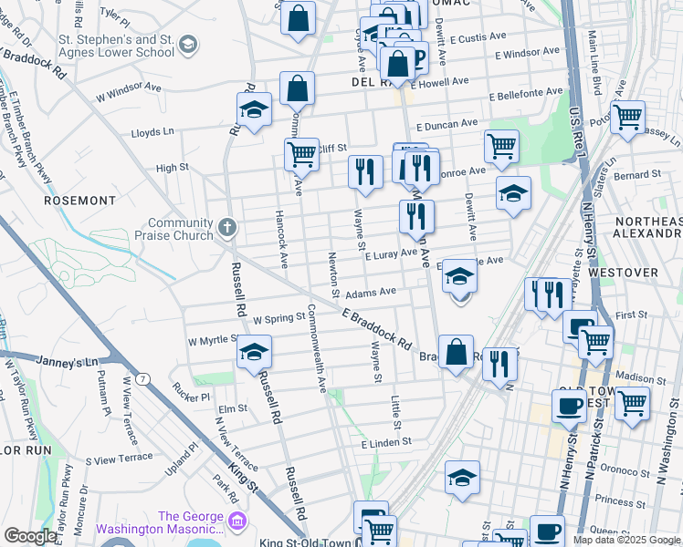 map of restaurants, bars, coffee shops, grocery stores, and more near 104 East Glendale Avenue in Alexandria