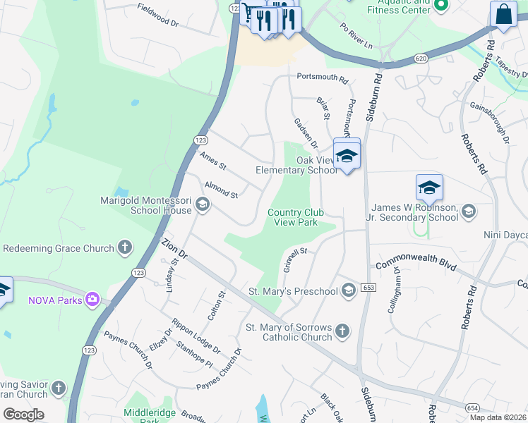 map of restaurants, bars, coffee shops, grocery stores, and more near 5207 Portsmouth Road in Fairfax