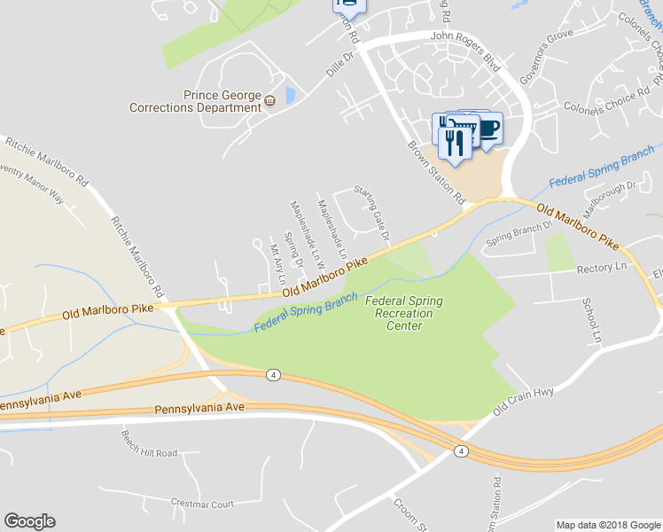 map of restaurants, bars, coffee shops, grocery stores, and more near 13600 Old Marlboro Pike in Upper Marlboro