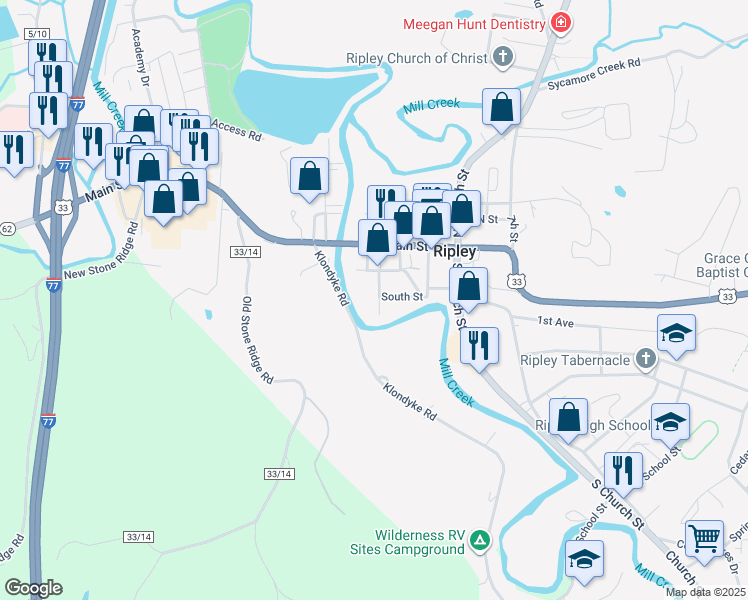 map of restaurants, bars, coffee shops, grocery stores, and more near 301 West Street in Ripley