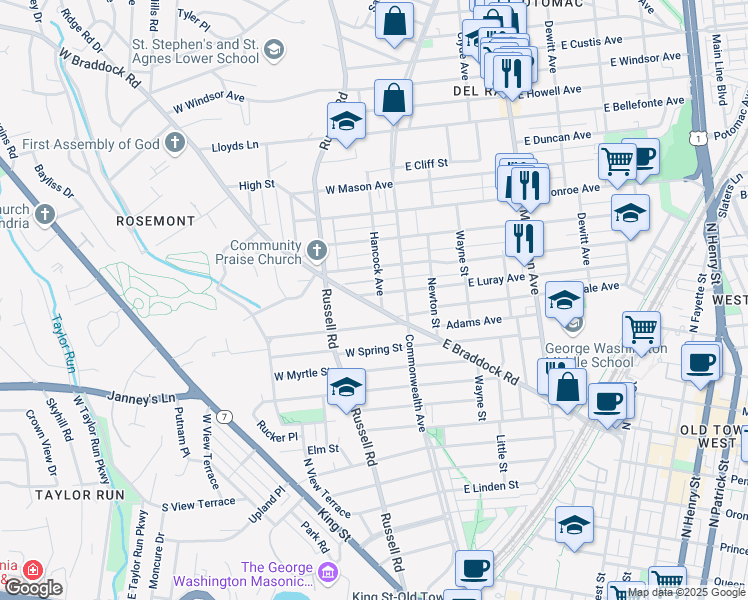 map of restaurants, bars, coffee shops, grocery stores, and more near 100 West Luray Avenue in Alexandria