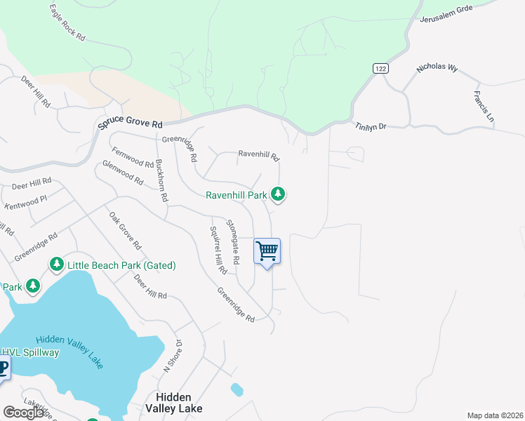 map of restaurants, bars, coffee shops, grocery stores, and more near 16891 Greenridge Road in Hidden Valley Lake