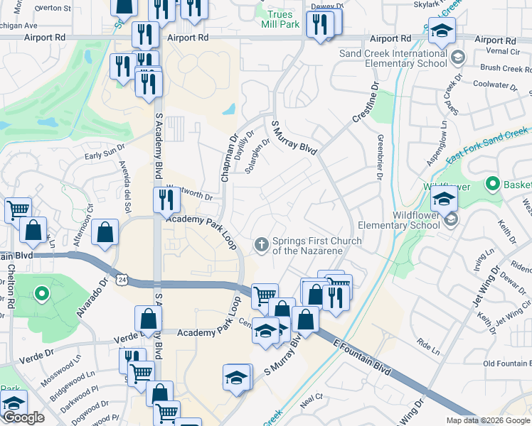 map of restaurants, bars, coffee shops, grocery stores, and more near 1037 Tyre Heights in Colorado Springs