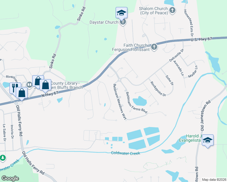 map of restaurants, bars, coffee shops, grocery stores, and more near 145 Behlmann Meadows Way in Florissant