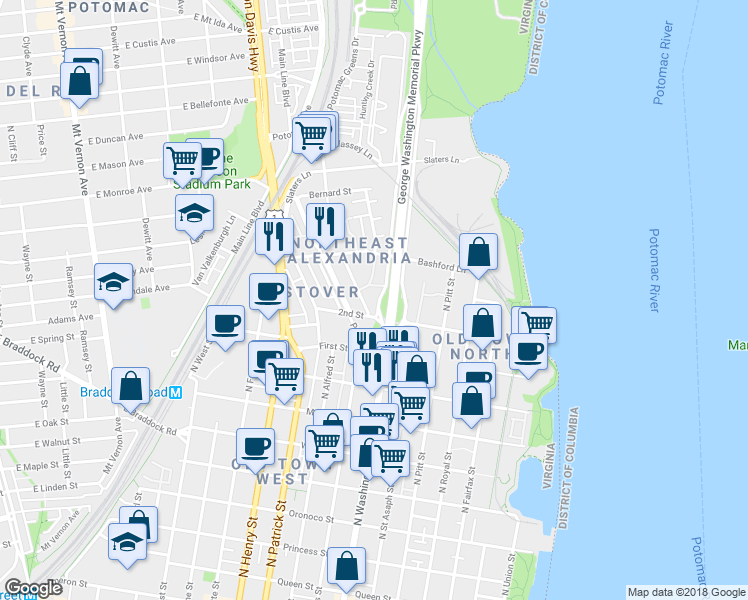 map of restaurants, bars, coffee shops, grocery stores, and more near 1108 West Abingdon Drive in Alexandria