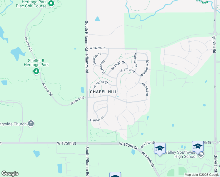 map of restaurants, bars, coffee shops, grocery stores, and more near 16924 Hauser Street in Overland Park