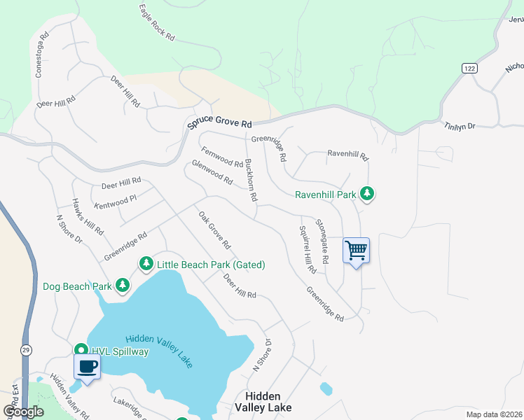 map of restaurants, bars, coffee shops, grocery stores, and more near 16801 Buckhorn Road in Hidden Valley Lake