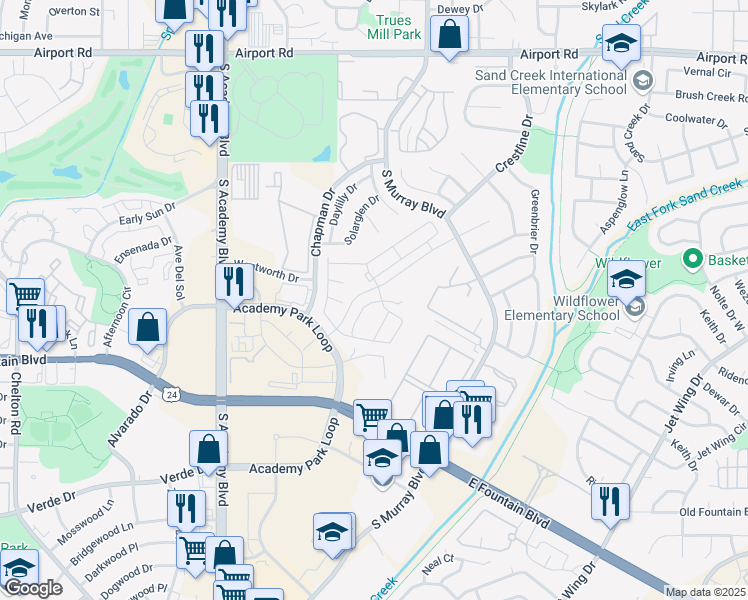 map of restaurants, bars, coffee shops, grocery stores, and more near 1037 Tyre Heights in Colorado Springs