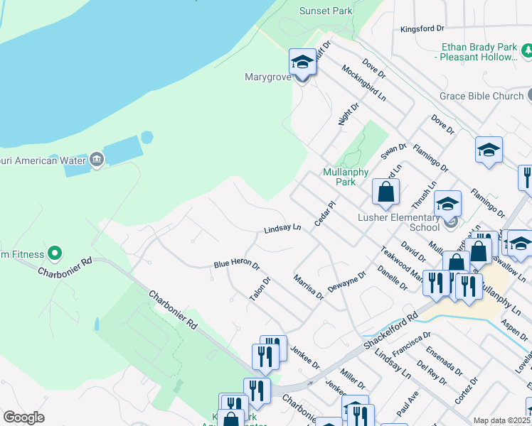map of restaurants, bars, coffee shops, grocery stores, and more near 2546 Clovermere Court in Florissant