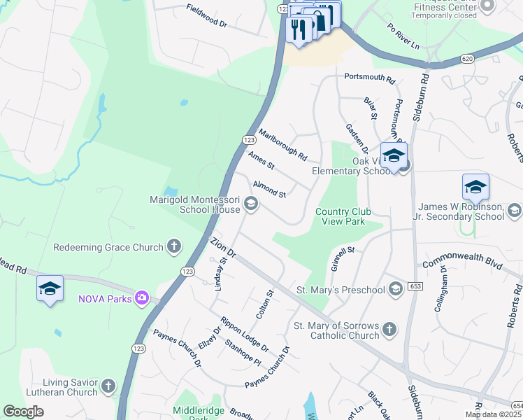 map of restaurants, bars, coffee shops, grocery stores, and more near 5233 Portsmouth Road in Fairfax