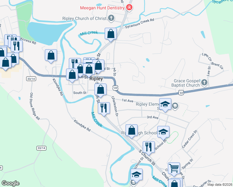 map of restaurants, bars, coffee shops, grocery stores, and more near 201 Highlawn Dr in Ripley