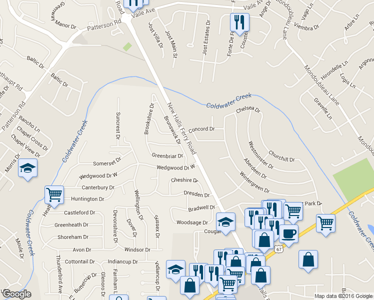 map of restaurants, bars, coffee shops, grocery stores, and more near 3170 Brunswick Drive in Florissant