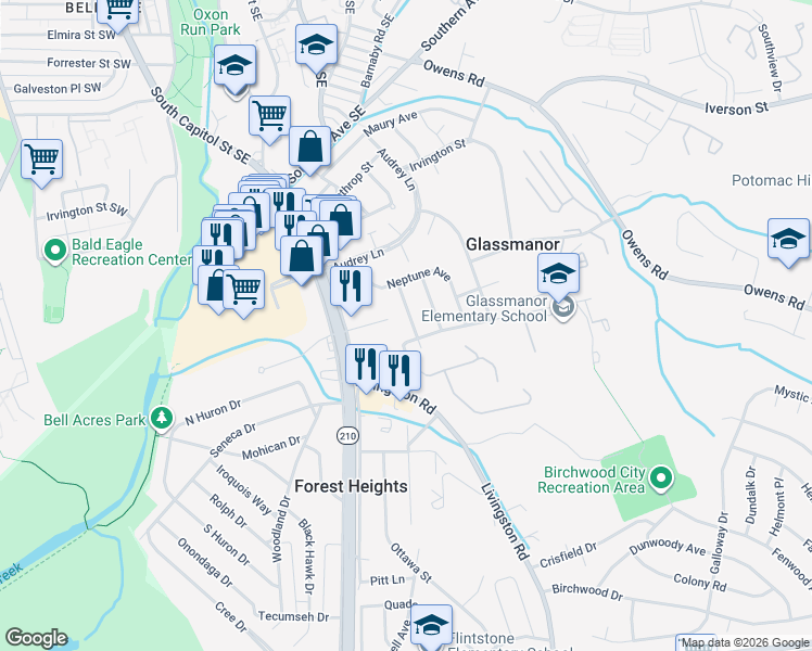 map of restaurants, bars, coffee shops, grocery stores, and more near 5305 Kenmont Road in Oxon Hill