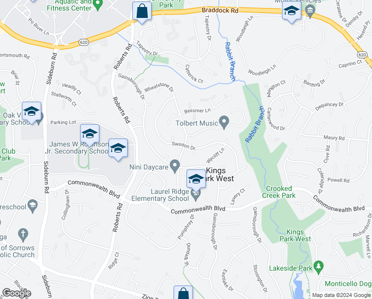 map of restaurants, bars, coffee shops, grocery stores, and more near 4919 Wheatstone Drive in Fairfax