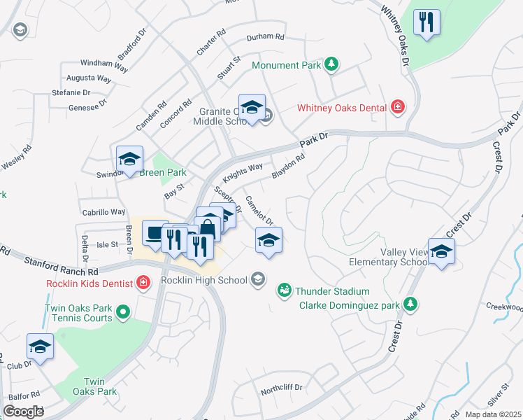 map of restaurants, bars, coffee shops, grocery stores, and more near 3221 Camelot Drive in Rocklin