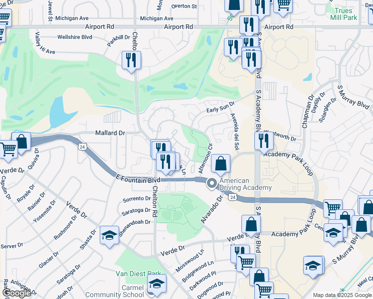 map of restaurants, bars, coffee shops, grocery stores, and more near Zamora Circle in Colorado Springs