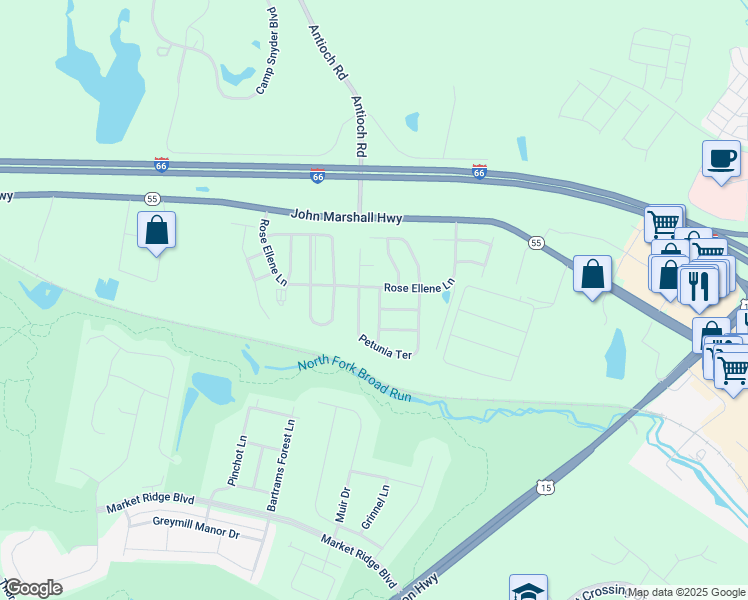 map of restaurants, bars, coffee shops, grocery stores, and more near 6732 Azalea Garden Lane in Haymarket
