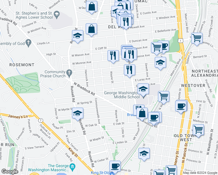 map of restaurants, bars, coffee shops, grocery stores, and more near 116 East Glendale Avenue in Alexandria