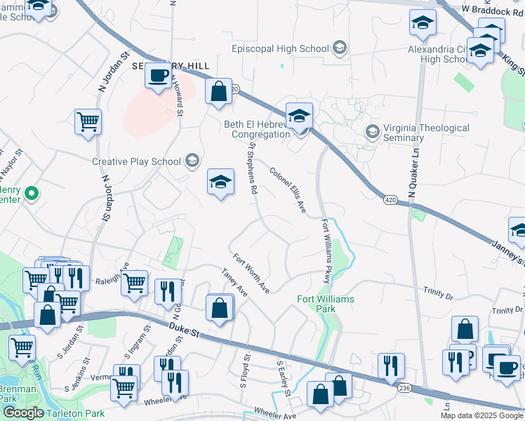 map of restaurants, bars, coffee shops, grocery stores, and more near 901 Saint Stephens Road in Alexandria