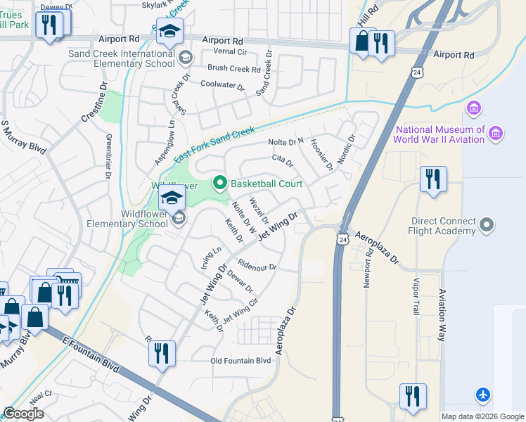 map of restaurants, bars, coffee shops, grocery stores, and more near 1096 Wernimont Circle in Colorado Springs