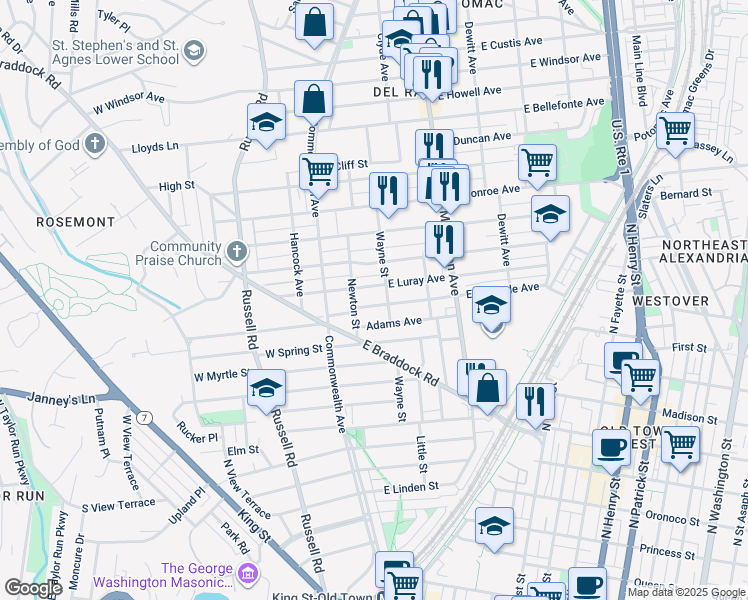 map of restaurants, bars, coffee shops, grocery stores, and more near 116 East Glendale Avenue in Alexandria