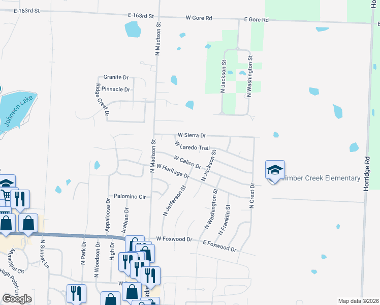 map of restaurants, bars, coffee shops, grocery stores, and more near 208 West Calico Drive in Raymore