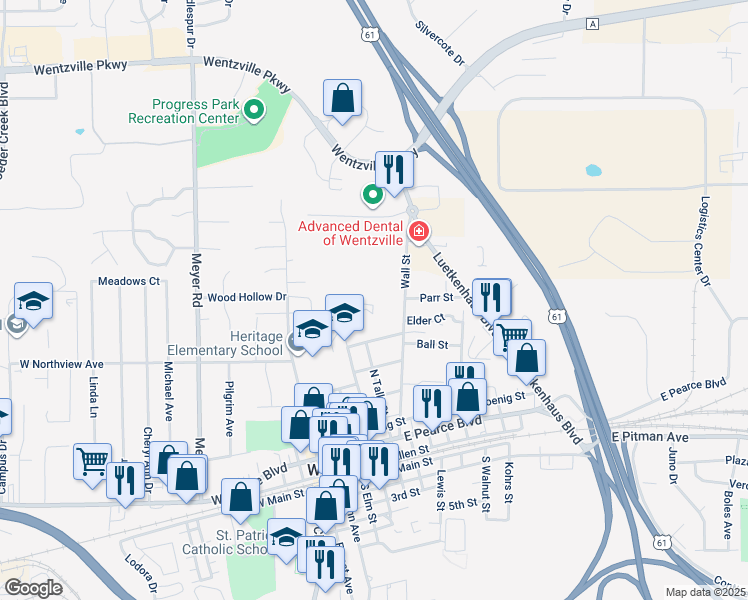 map of restaurants, bars, coffee shops, grocery stores, and more near 329 Park Lane in Wentzville