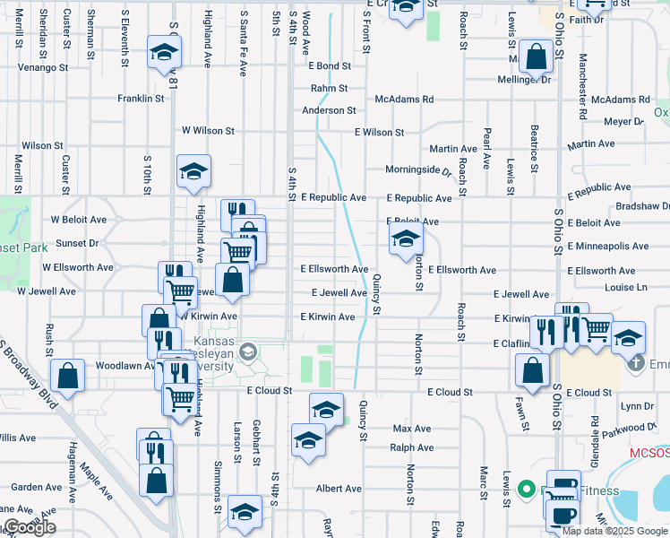 map of restaurants, bars, coffee shops, grocery stores, and more near 1300 Osborne Street in Salina