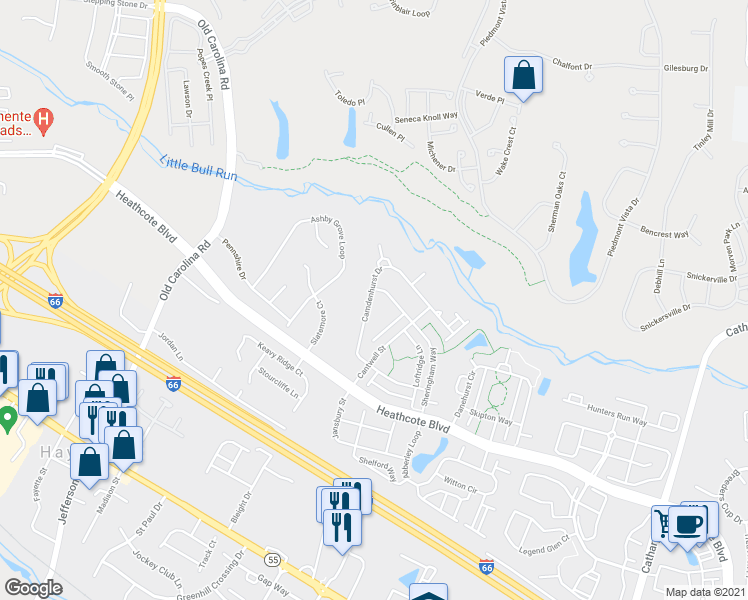 map of restaurants, bars, coffee shops, grocery stores, and more near 18104 Camdenhurst Drive in Gainesville