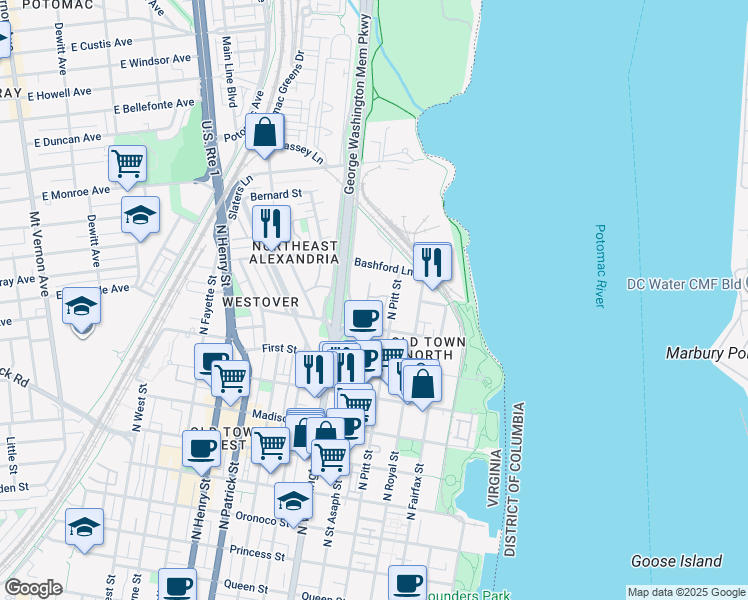 map of restaurants, bars, coffee shops, grocery stores, and more near 522 Bellvue Place in Alexandria