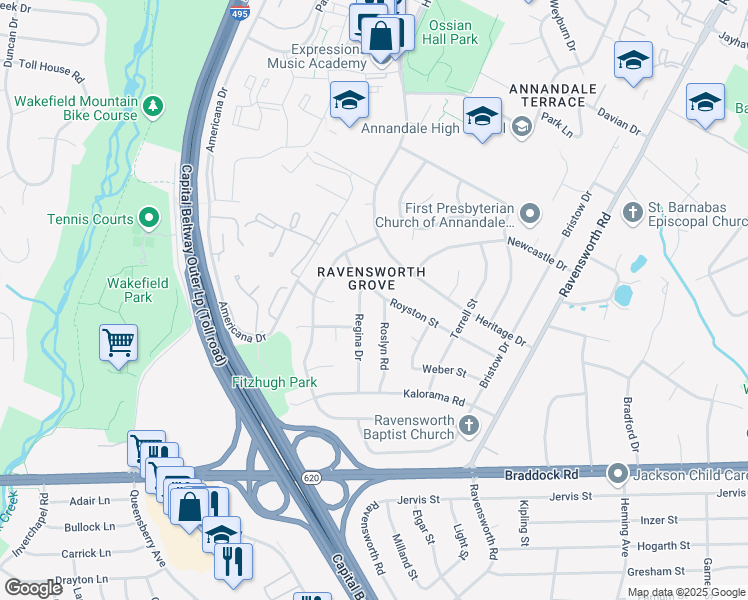 map of restaurants, bars, coffee shops, grocery stores, and more near 7801 Royston Street in Annandale