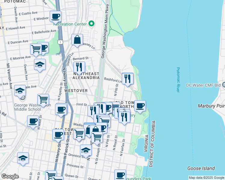 map of restaurants, bars, coffee shops, grocery stores, and more near 512 Bellvue Place in Alexandria