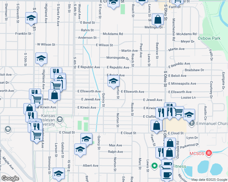map of restaurants, bars, coffee shops, grocery stores, and more near 1300 Norton Street in Salina