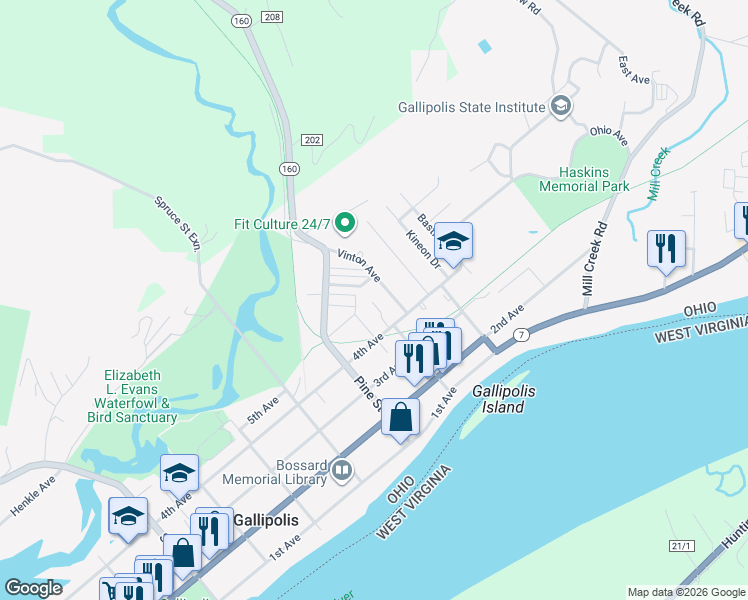 map of restaurants, bars, coffee shops, grocery stores, and more near 114 Vinton Court in Gallipolis