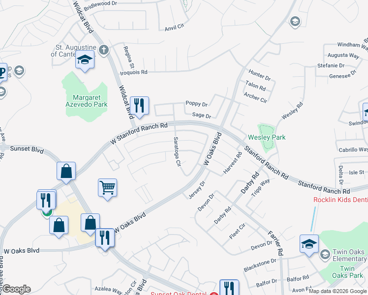 map of restaurants, bars, coffee shops, grocery stores, and more near 1649 Strathmore Way in Rocklin