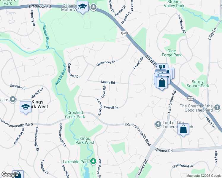 map of restaurants, bars, coffee shops, grocery stores, and more near 9727 Maury Road in Fairfax