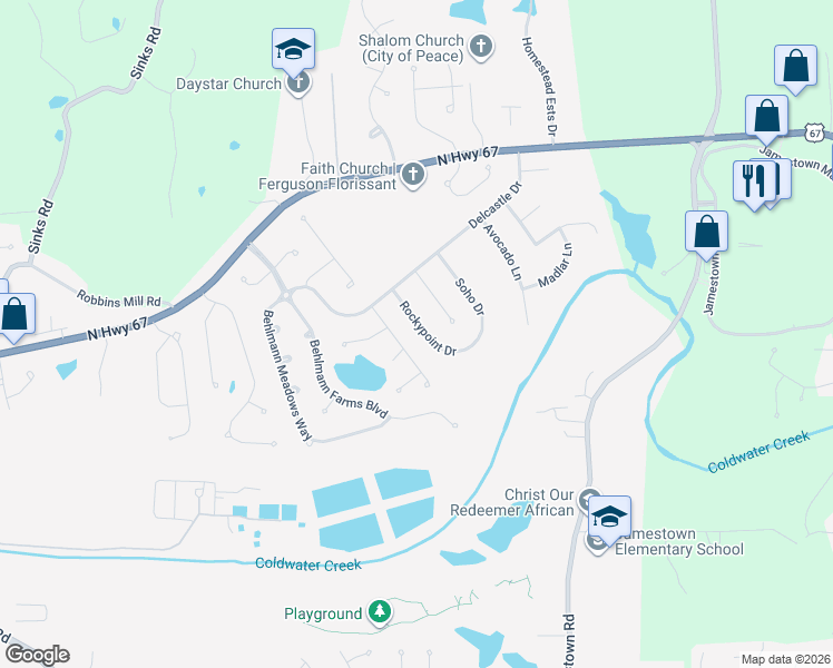 map of restaurants, bars, coffee shops, grocery stores, and more near 14538 Rockypoint Drive in Florissant