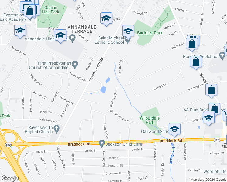 map of restaurants, bars, coffee shops, grocery stores, and more near 4908 Bradford Drive in Annandale