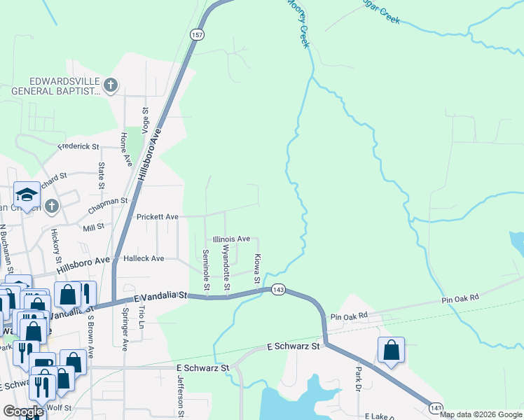 map of restaurants, bars, coffee shops, grocery stores, and more near 258 Kiowa Street in Edwardsville