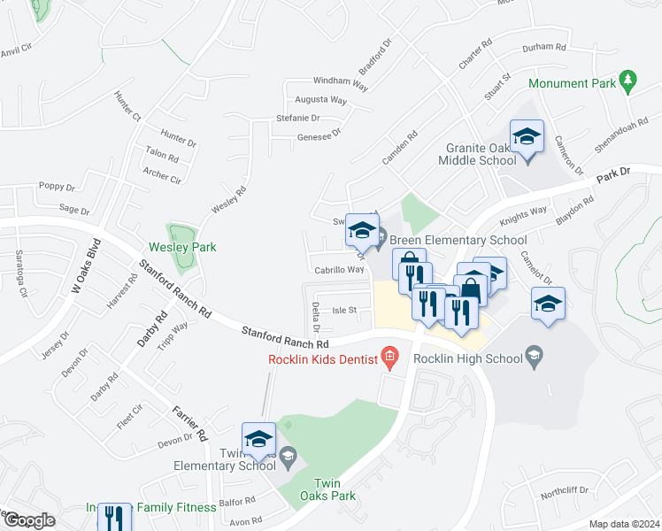 map of restaurants, bars, coffee shops, grocery stores, and more near 5524 Cabrillo Way in Rocklin
