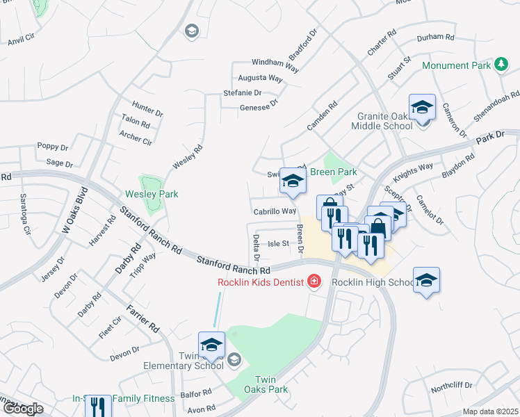 map of restaurants, bars, coffee shops, grocery stores, and more near 5532 Cabrillo Way in Rocklin