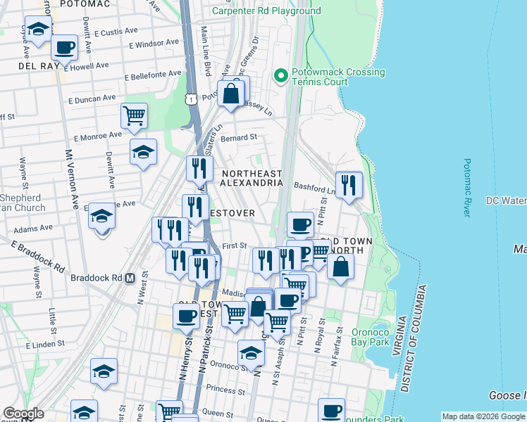 map of restaurants, bars, coffee shops, grocery stores, and more near 1117 Portner Road in Alexandria
